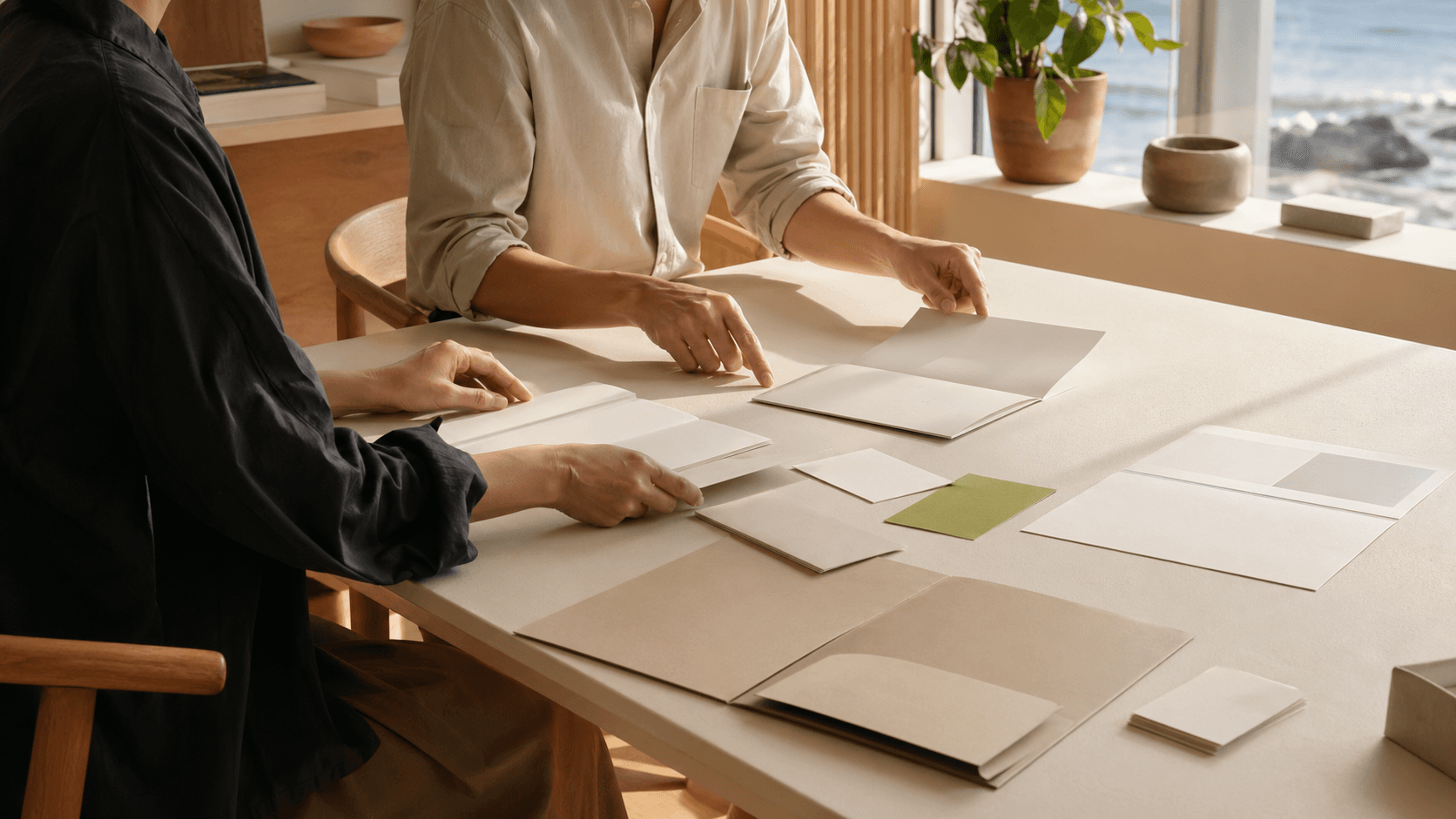 Abstract blue-and-orange collage of scattered flyers and icons with warning triangles on a clean white background