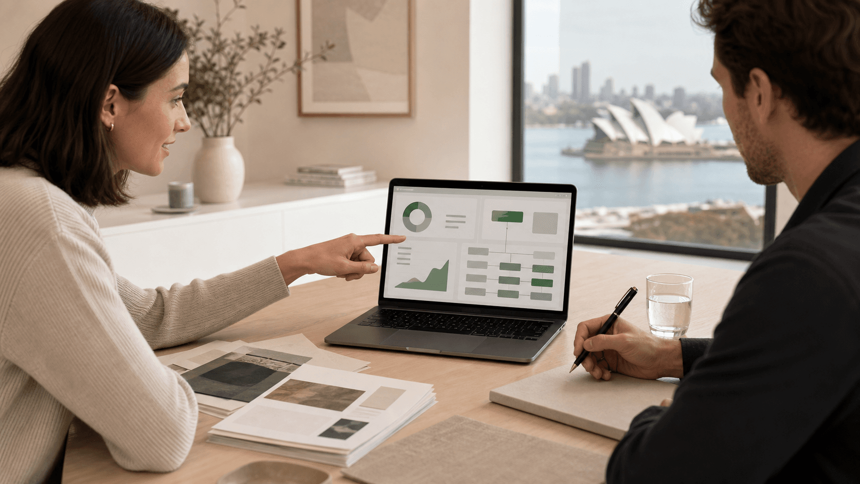 Blue-toned dashboard with charts, KPI gauges, and report papers on a desk under soft overhead light.