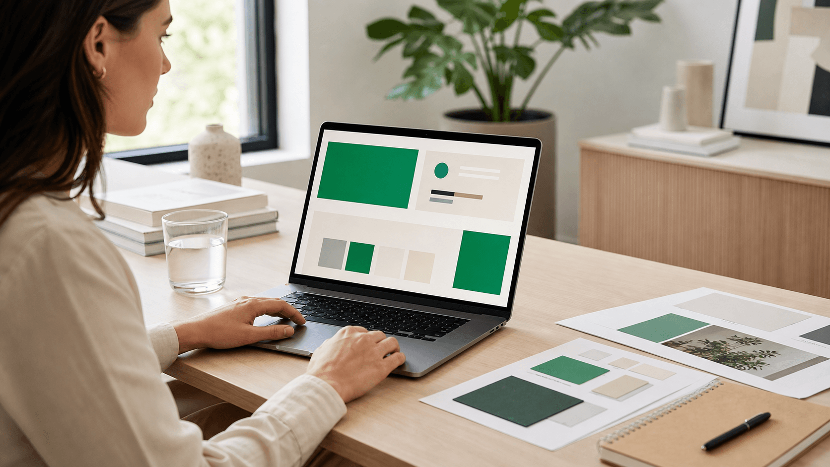 Abstract flat-lay of colorful brochures and icons on a white desk, with soft shadows and clean modern layout