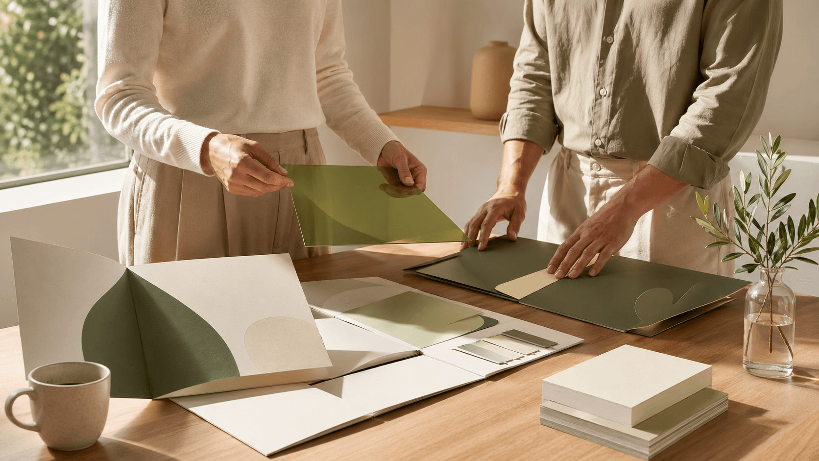 Minimalist desk scene with colorful brochures and flyers beside a laptop, bright natural light, clean white background
